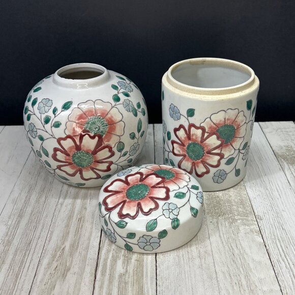 Vintage Chinese Asian Oriental Ginger Jar and Canister Floral Design - Set of 2 - Picture 2 of 10